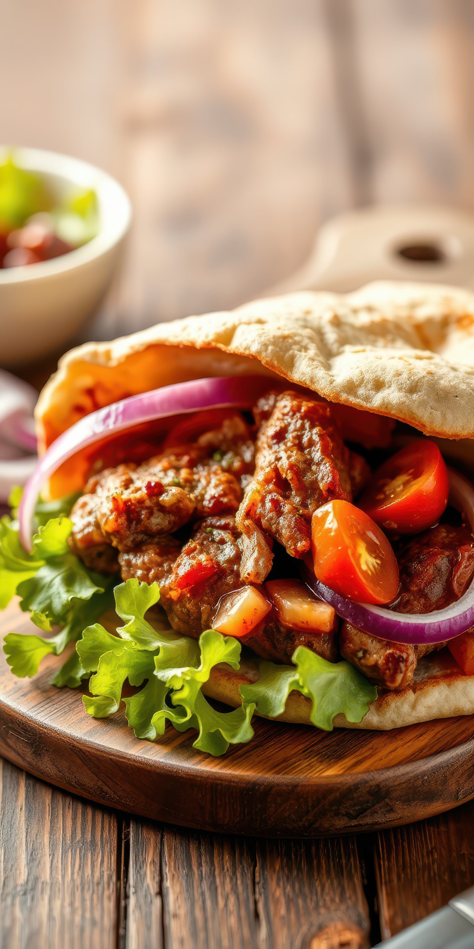 Delicious pita filled with tender meat, fresh vegetables, and vibrant sauces, served on a wooden table